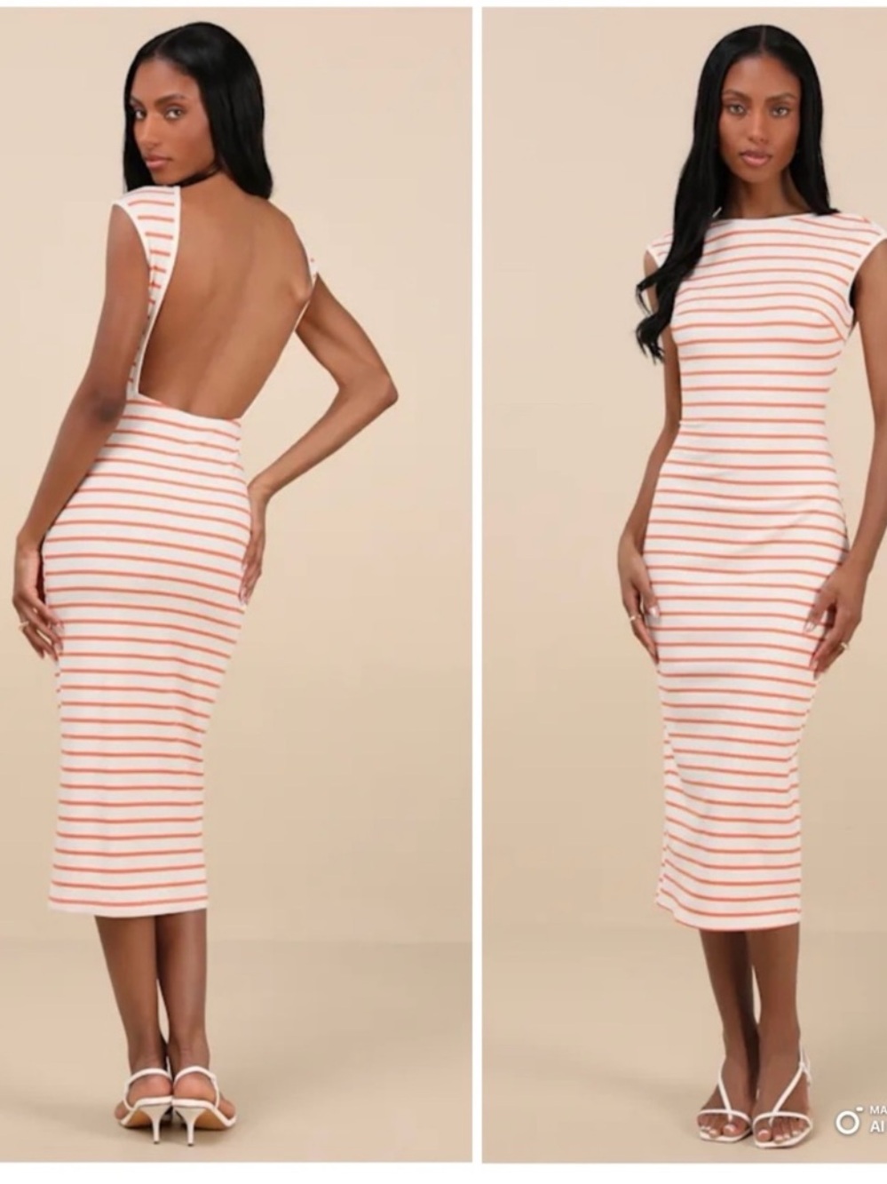 Lulus Chic Existence Ivory and Orange Striped Backless Midi Dress Small